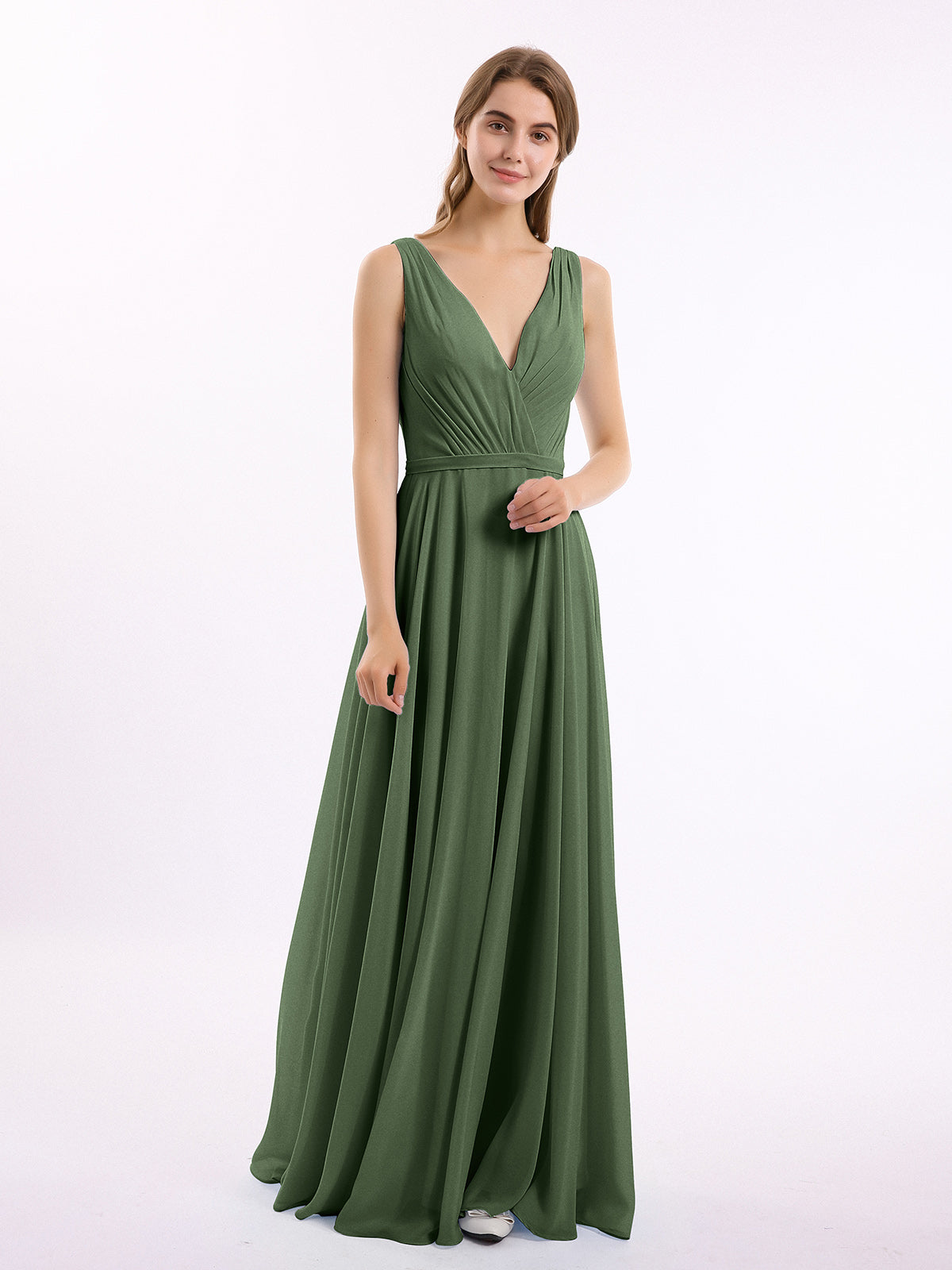 Vestidos de dama de honor de chiffon con escote en V y tirantes finos Verde Oliva
