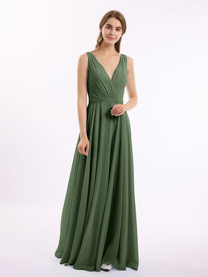 Vestidos de dama de honor de chiffon con escote en V y tirantes finos Verde Oliva