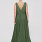 Vestidos de dama de honor de chiffon con escote en V y tirantes finos Verde Oliva