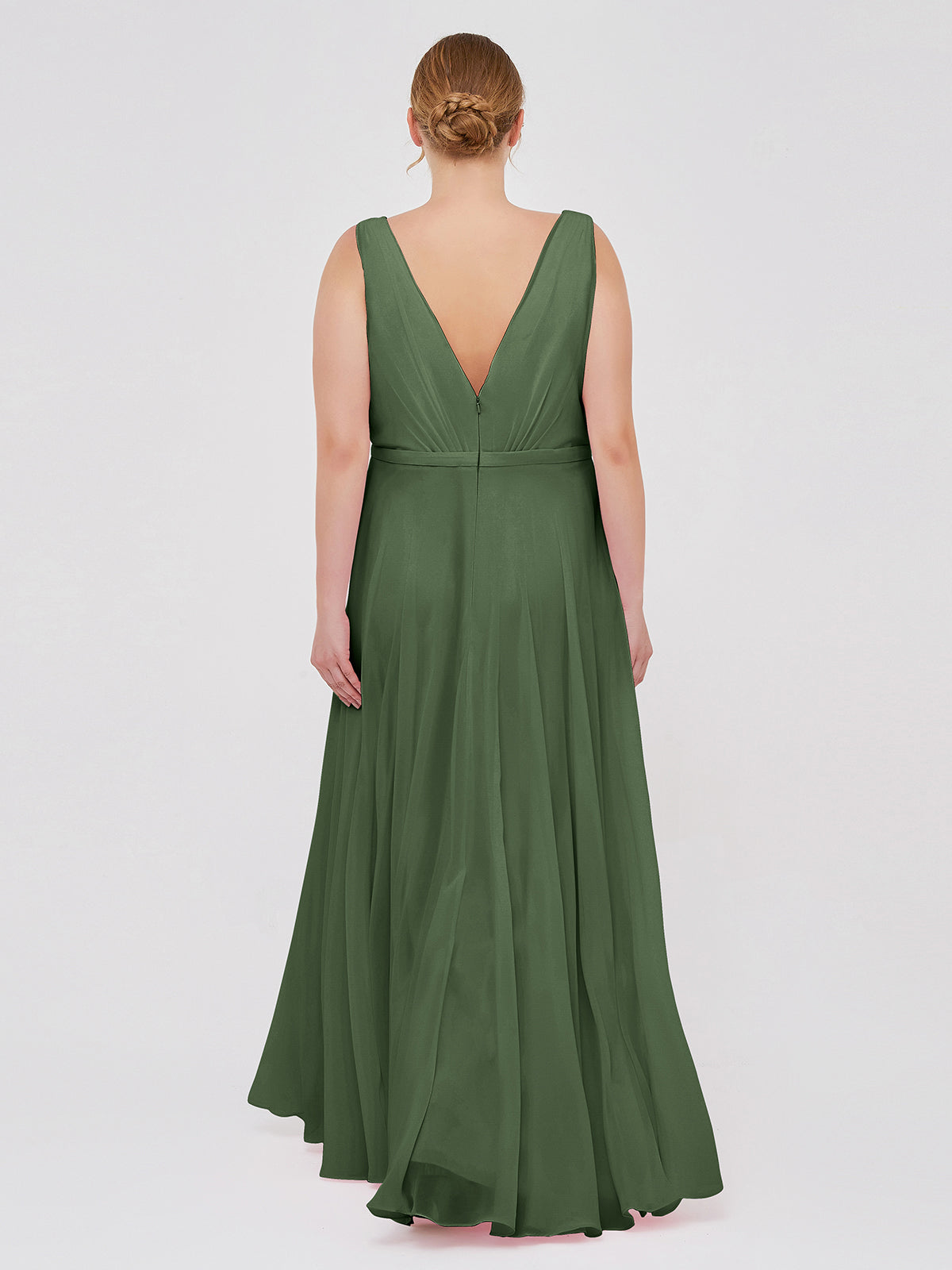 Vestidos de dama de honor de chiffon con escote en V y tirantes finos Verde Oliva Tallas Grandes