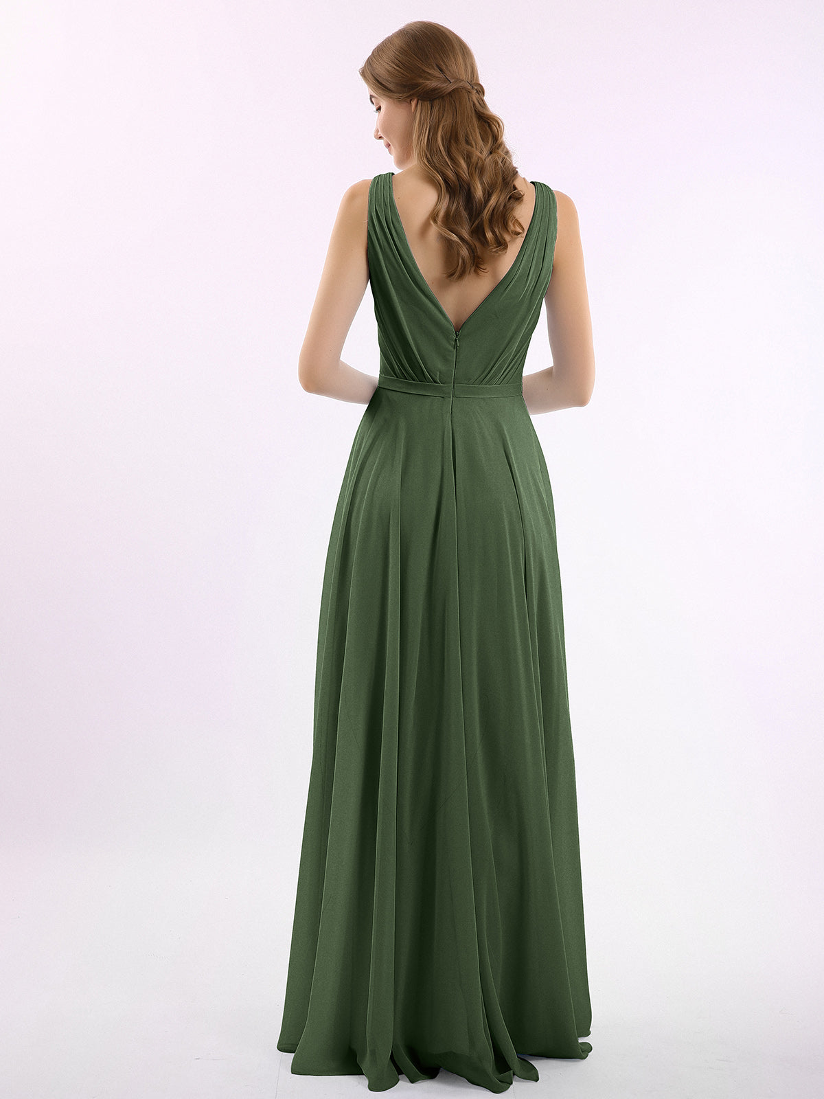 Vestidos de dama de honor de chiffon con escote en V y tirantes finos Verde Oliva