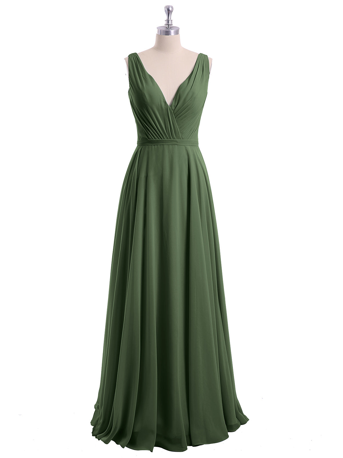 Vestidos de dama de honor de chiffon con escote en V y tirantes finos Verde Oliva