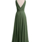 Vestidos de dama de honor de chiffon con escote en V y tirantes finos Verde Oliva