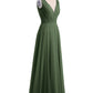 Vestidos de dama de honor de chiffon con escote en V y tirantes finos Verde Oliva