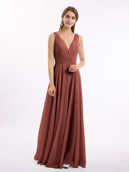 Vestidos de dama de honor de chiffon con escote en V y tirantes finos Terracota
