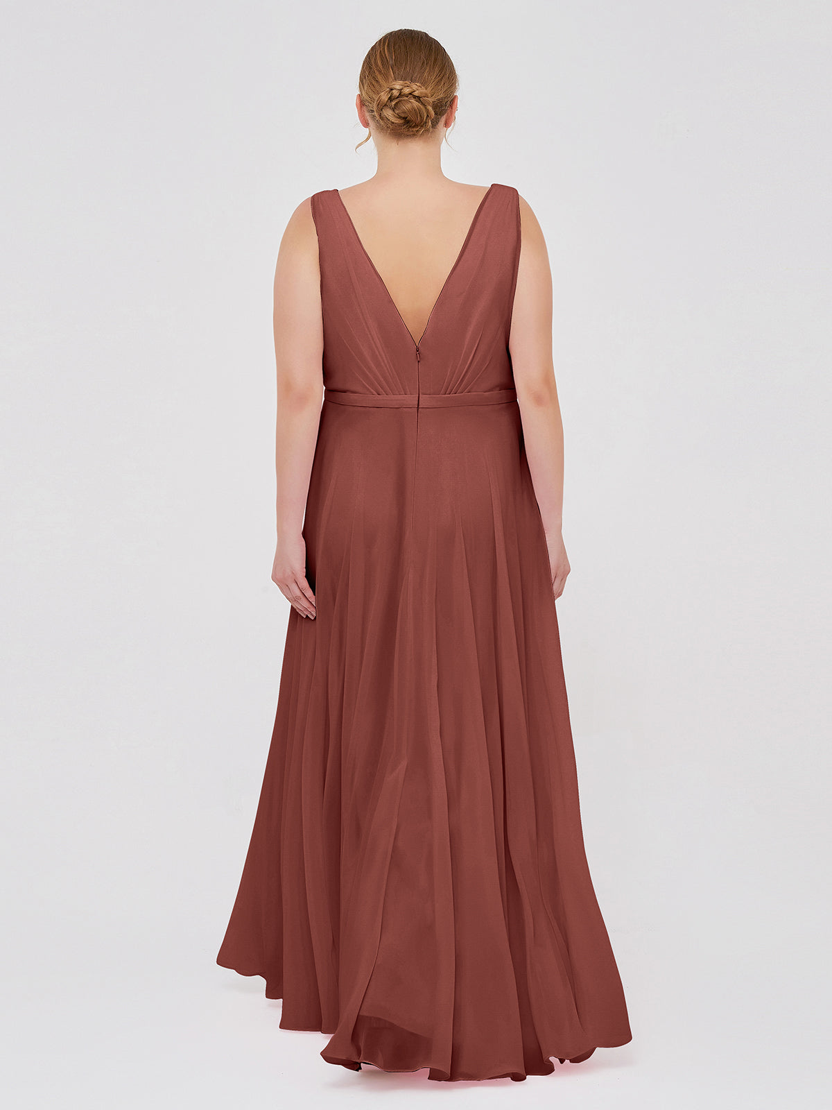 Vestidos de dama de honor de chiffon con escote en V y tirantes finos Terracota Tallas Grandes
