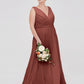 Vestidos de dama de honor de chiffon con escote en V y tirantes finos Terracota Tallas Grandes