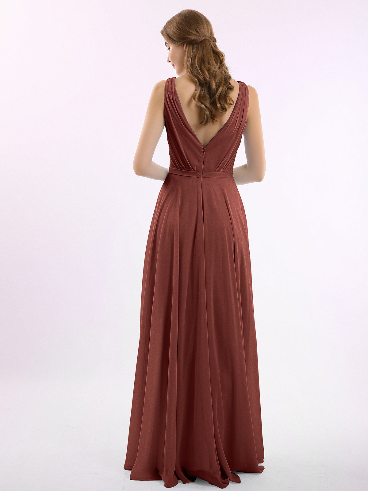 Vestidos de dama de honor de chiffon con escote en V y tirantes finos Terracota