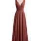 Vestidos de dama de honor de chiffon con escote en V y tirantes finos Terracota