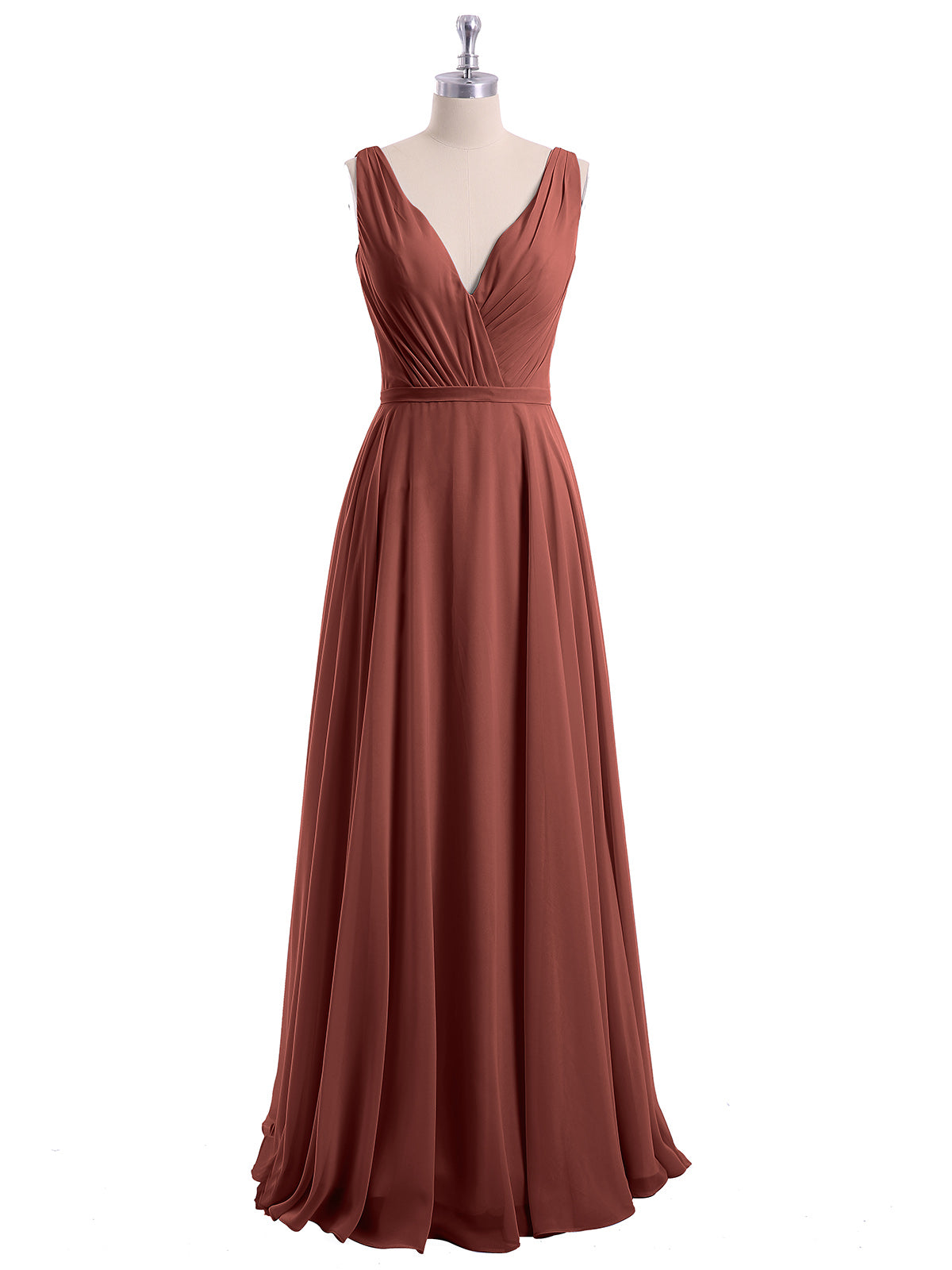 Vestidos de dama de honor de chiffon con escote en V y tirantes finos Terracota Tallas Grandes