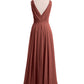 Vestidos de dama de honor de chiffon con escote en V y tirantes finos Terracota
