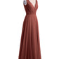 Vestidos de dama de honor de chiffon con escote en V y tirantes finos Terracota Tallas Grandes