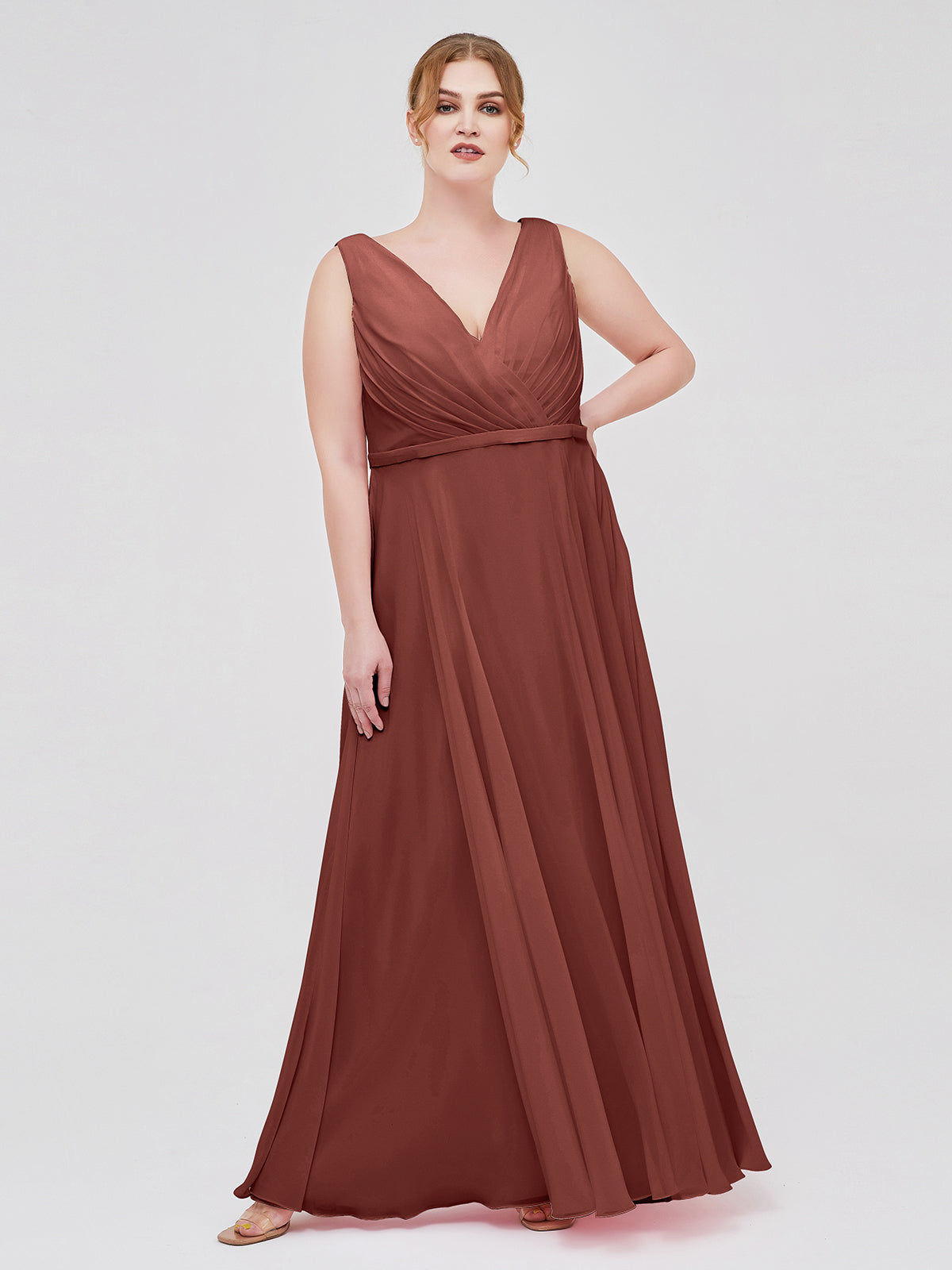 Vestidos de dama de honor de chiffon con escote en V y tirantes finos Terracota Tallas Grandes
