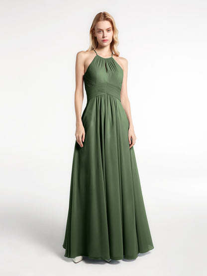 Vestido de chiffon con cuello halter y abertura en forma de cerradura con bolsillos Verde Oliva Tallas Grandes