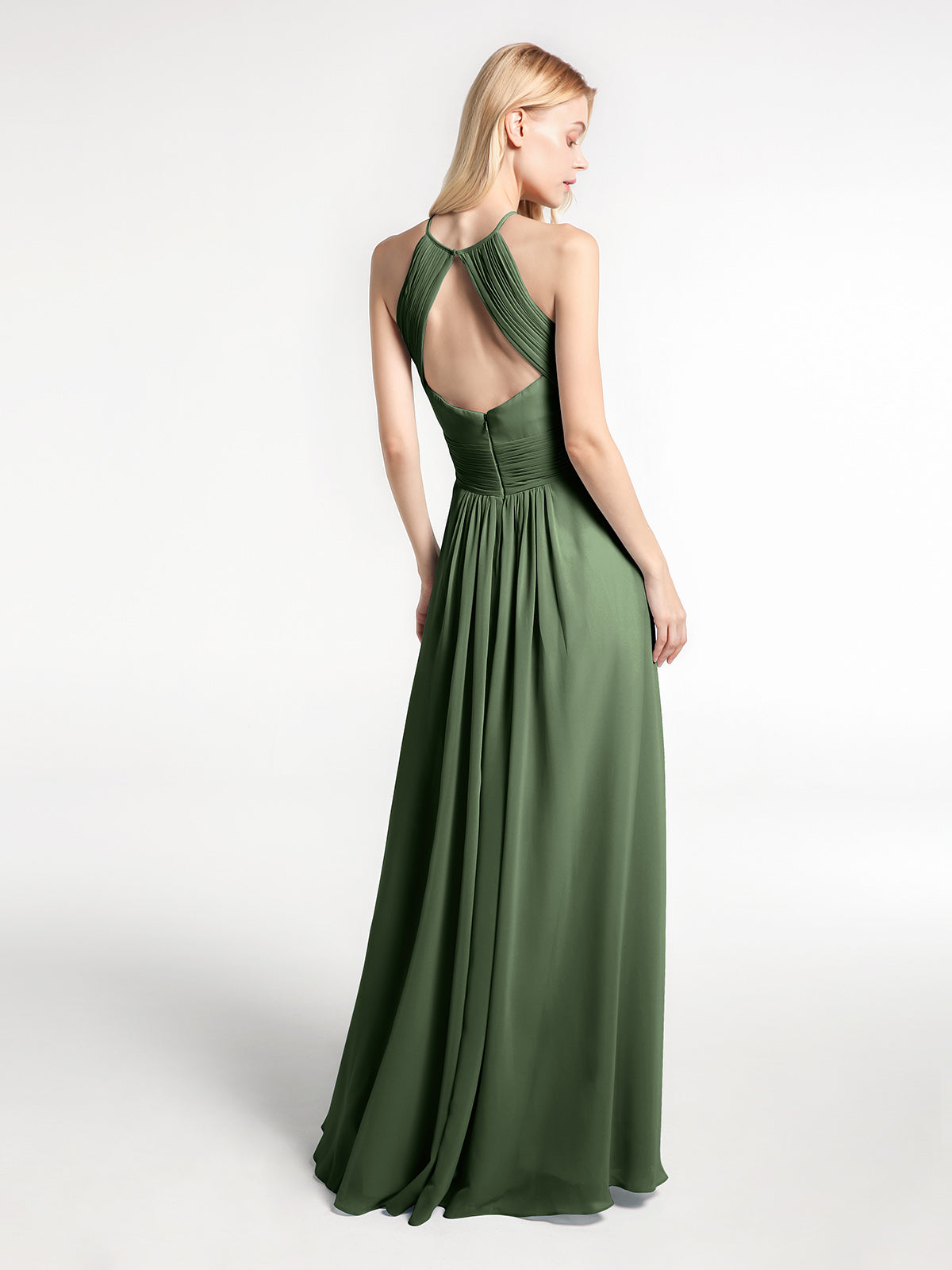 Vestido de chiffon con cuello halter y abertura en forma de cerradura con bolsillos Verde Oliva Tallas Grandes