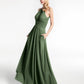 Vestido de chiffon con cuello halter y abertura en forma de cerradura con bolsillos Verde Oliva Tallas Grandes