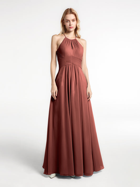 Vestido de chiffon con cuello halter y abertura en forma de cerradura con bolsillos Terracota