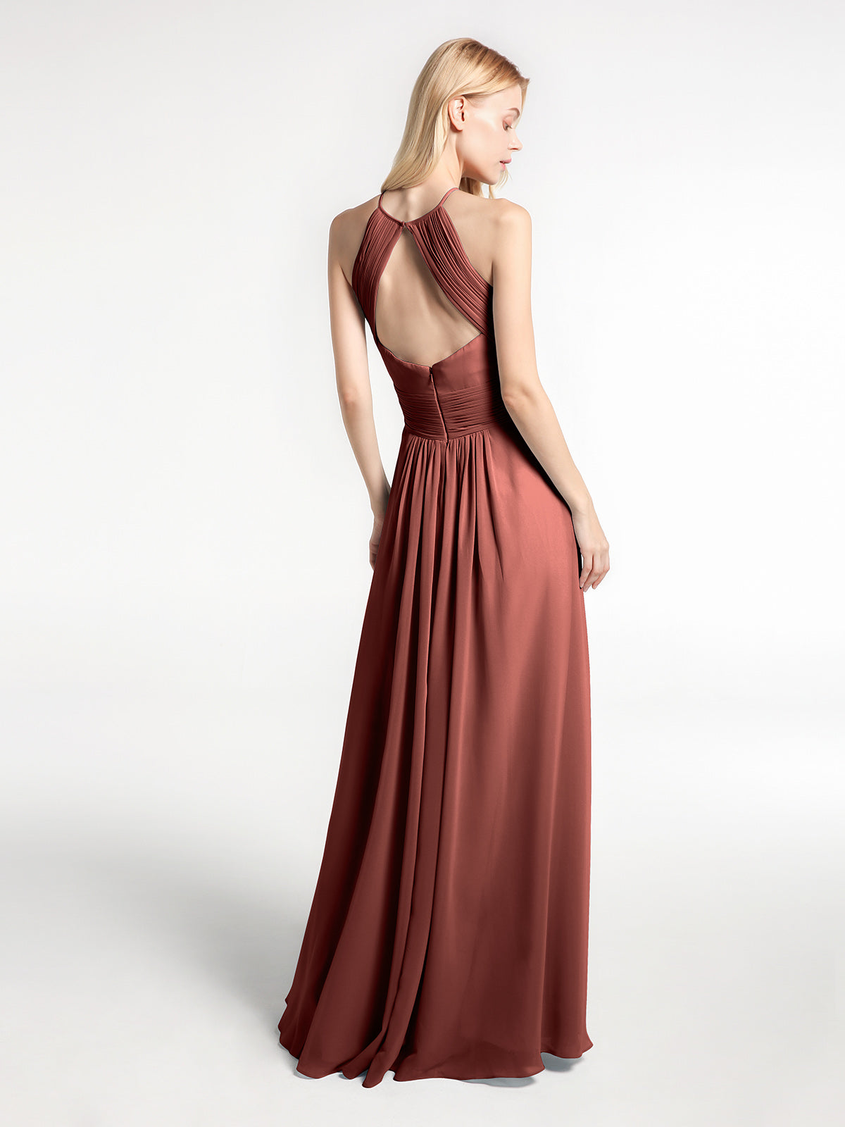 Vestido de chiffon con cuello halter y abertura en forma de cerradura con bolsillos Terracota