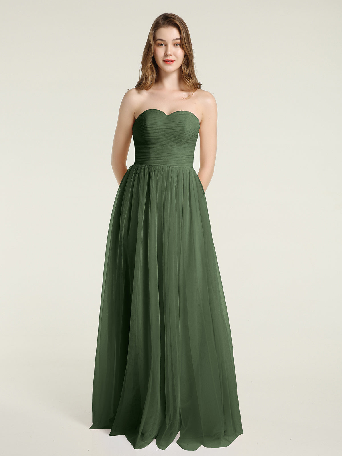 Vestidos largos de dama de honor sin tirantes con escote en corazón y falda de tul Verde Oliva Tallas Grandes
