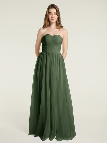 Vestidos largos de dama de honor sin tirantes con escote en corazón y falda de tul Verde Oliva Tallas Grandes