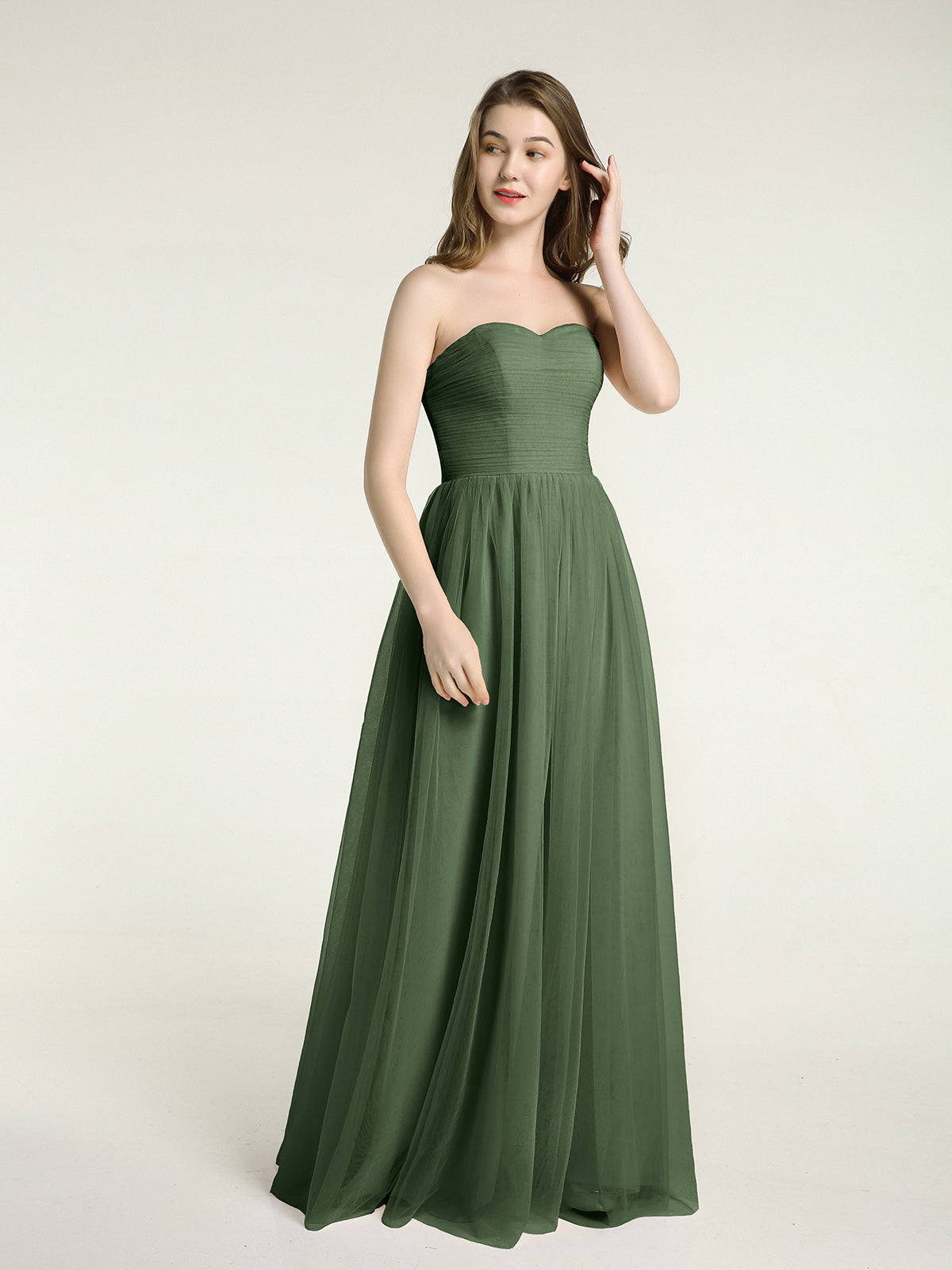 Vestidos largos de dama de honor sin tirantes con escote en corazón y falda de tul Verde Oliva Tallas Grandes