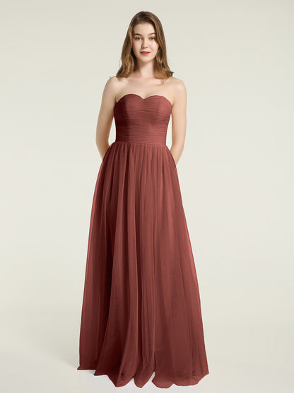 Vestidos largos de dama de honor sin tirantes con escote en corazón y falda de tul Terracota