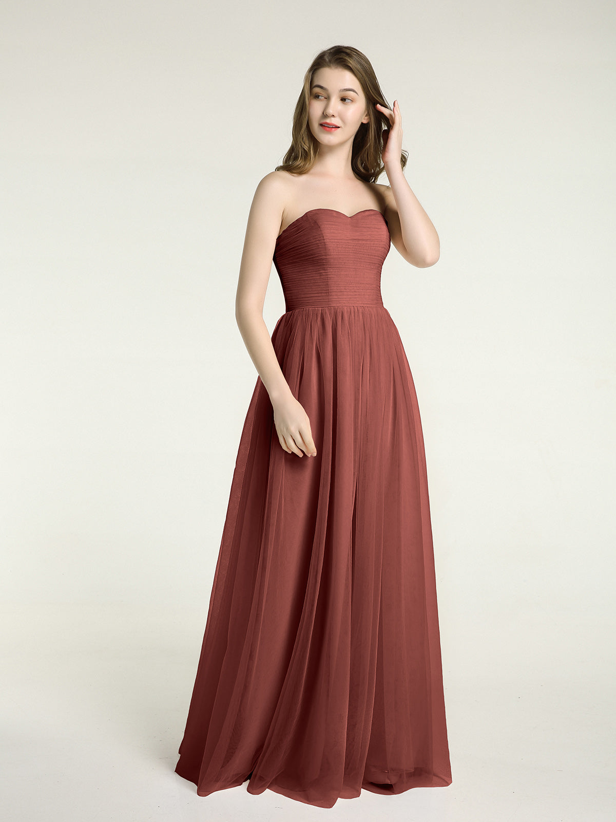 Vestidos largos de dama de honor sin tirantes con escote en corazón y falda de tul Terracota Tallas Grandes