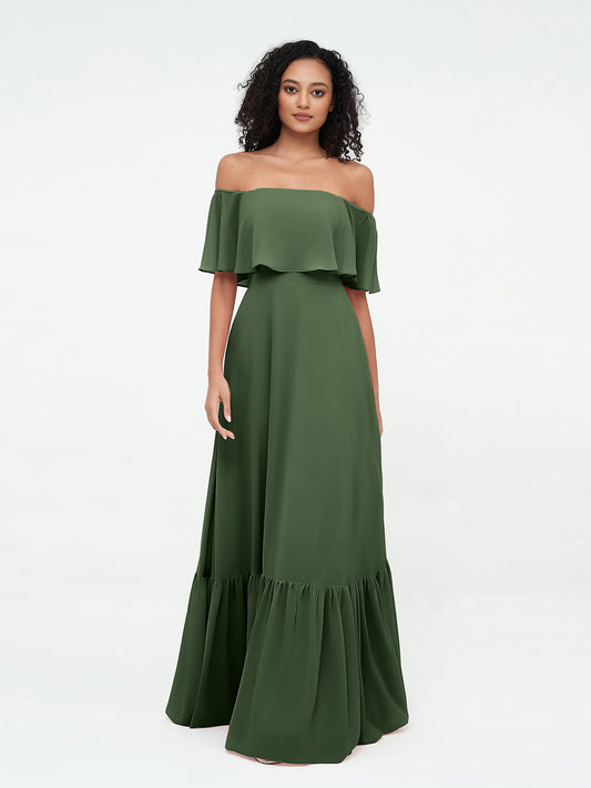 Vestidos máximos de chiffon con falda escalonada estilo off shoulder Verde Oliva