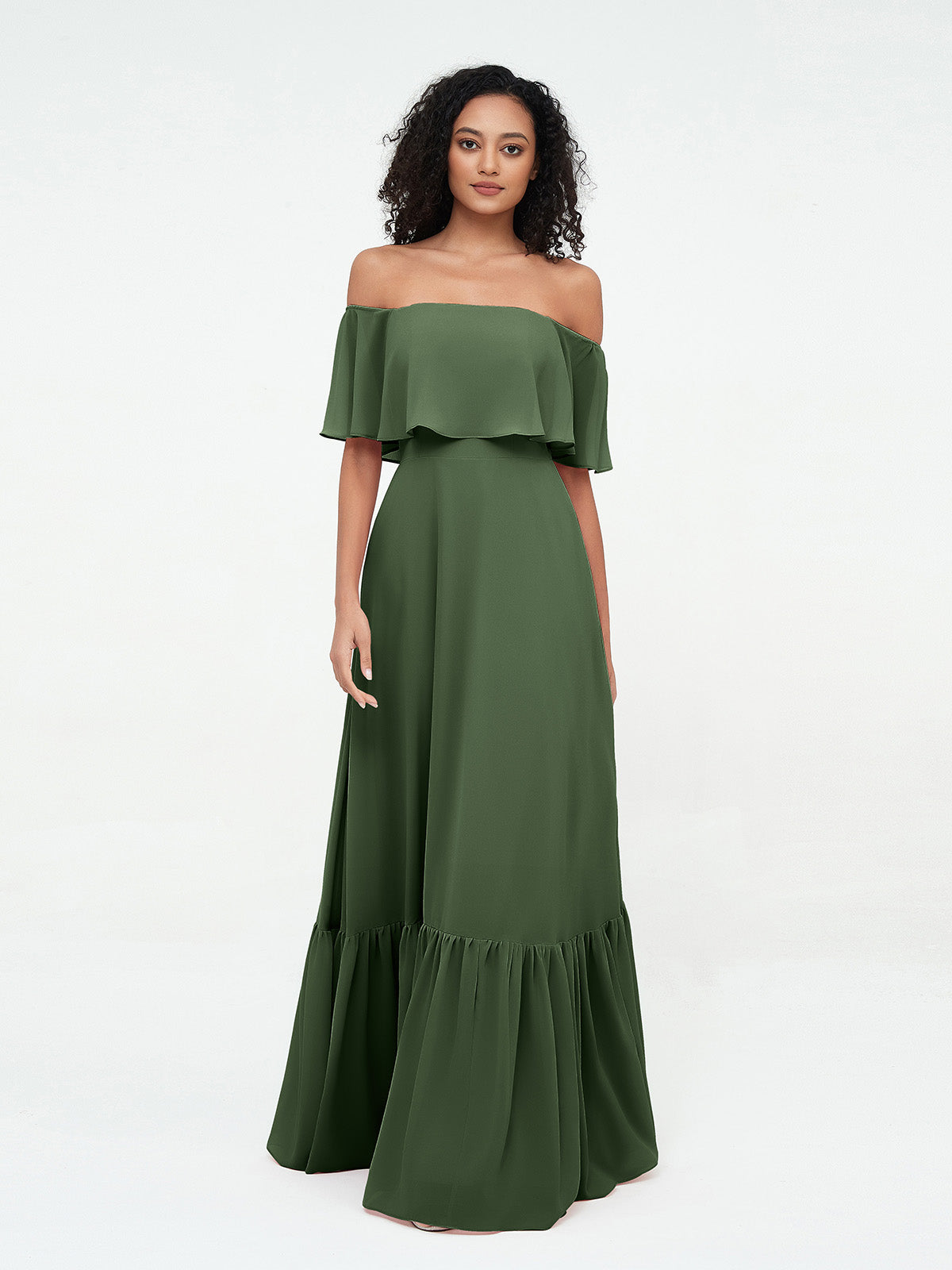 Vestidos máximos de chiffon con falda escalonada estilo off shoulder Verde Oliva Tallas Grandes