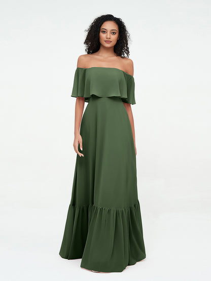 Vestidos máximos de chiffon con falda escalonada estilo off shoulder Verde Oliva Tallas Grandes