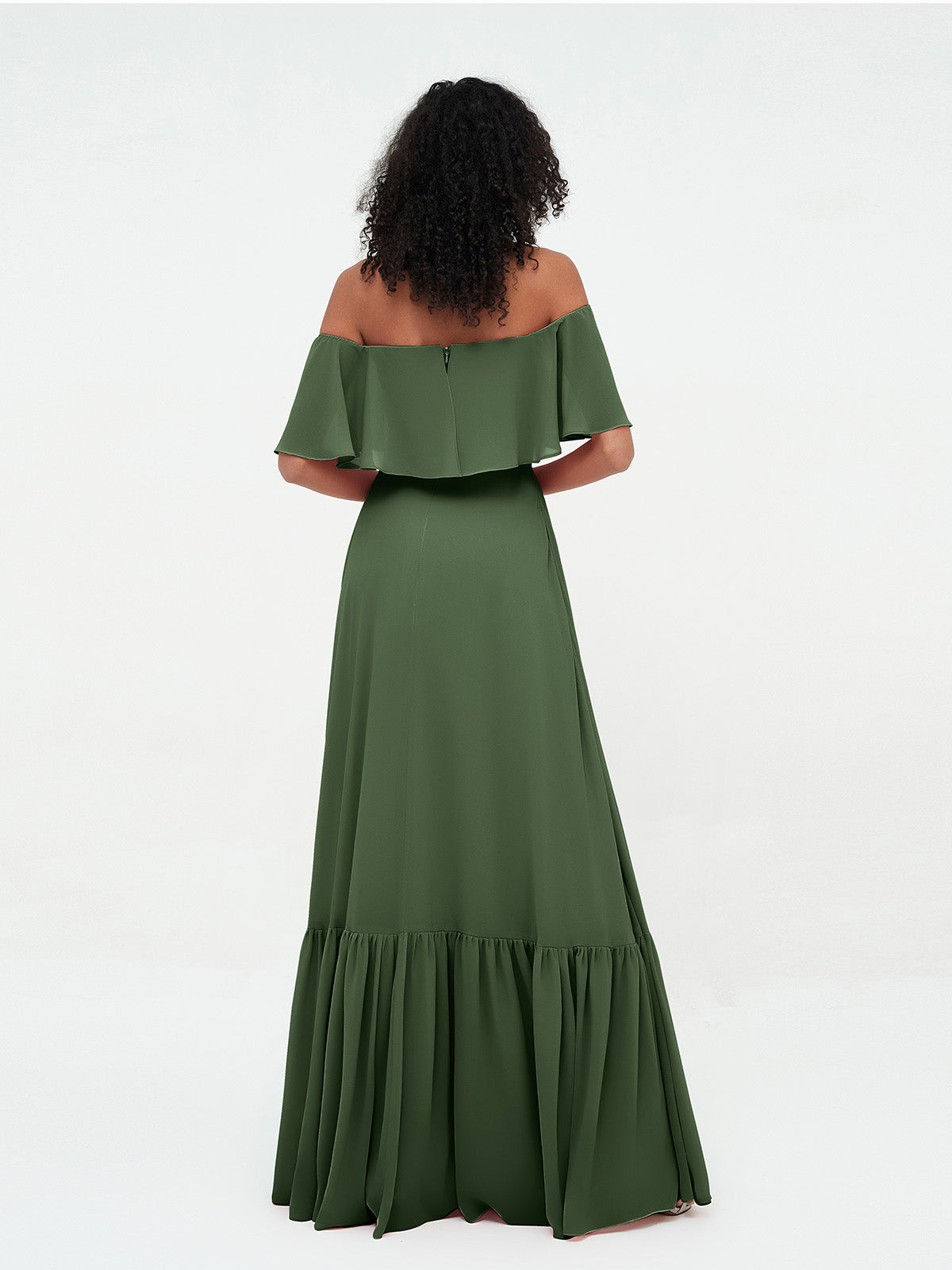 Vestidos máximos de chiffon con falda escalonada estilo off shoulder Verde Oliva Tallas Grandes