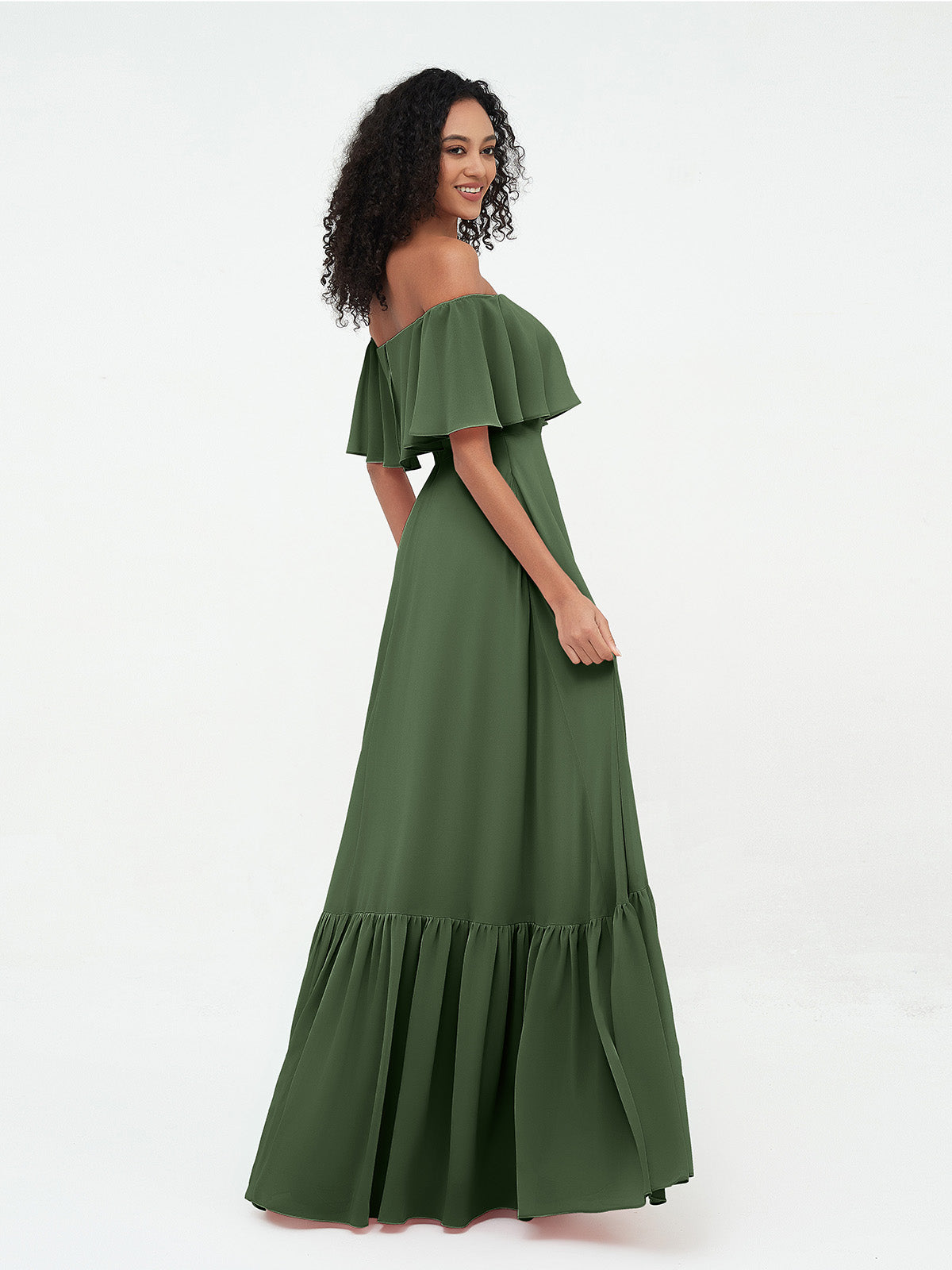 Vestidos máximos de chiffon con falda escalonada estilo off shoulder Verde Oliva Tallas Grandes