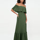 Vestidos máximos de chiffon con falda escalonada estilo off shoulder Verde Oliva Tallas Grandes