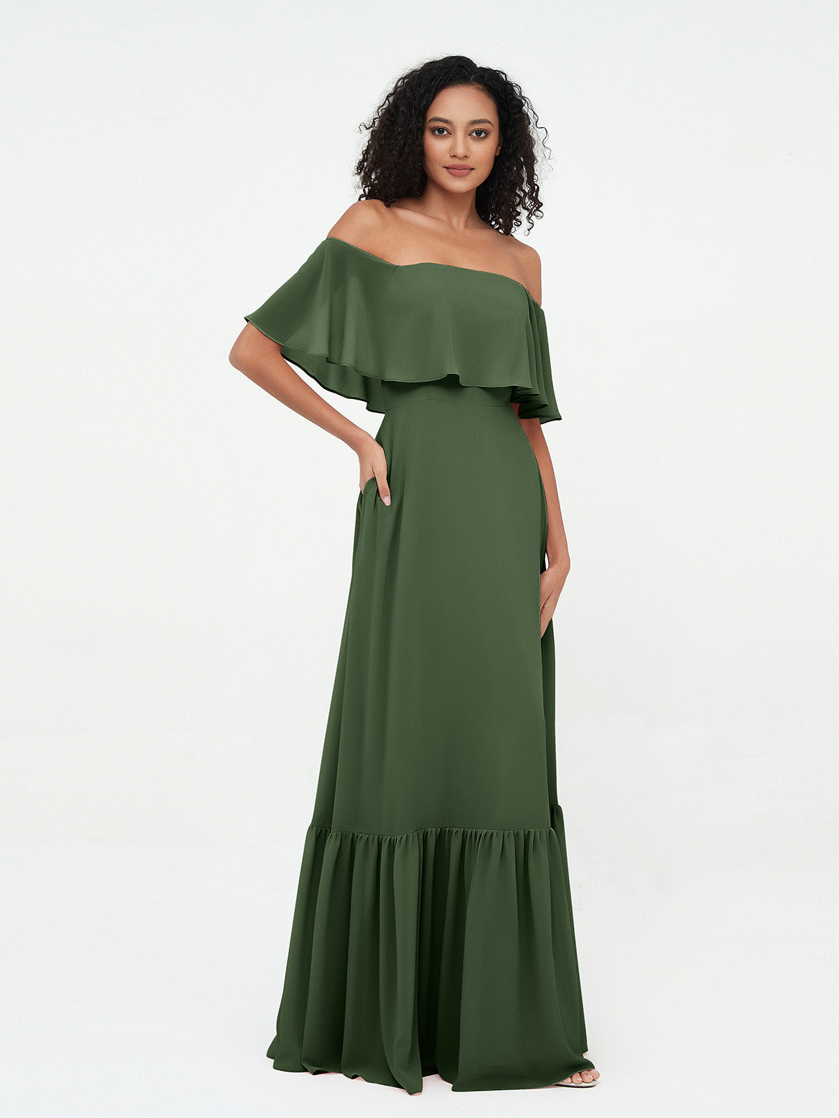 Vestidos máximos de chiffon con falda escalonada estilo off shoulder Verde Oliva Tallas Grandes