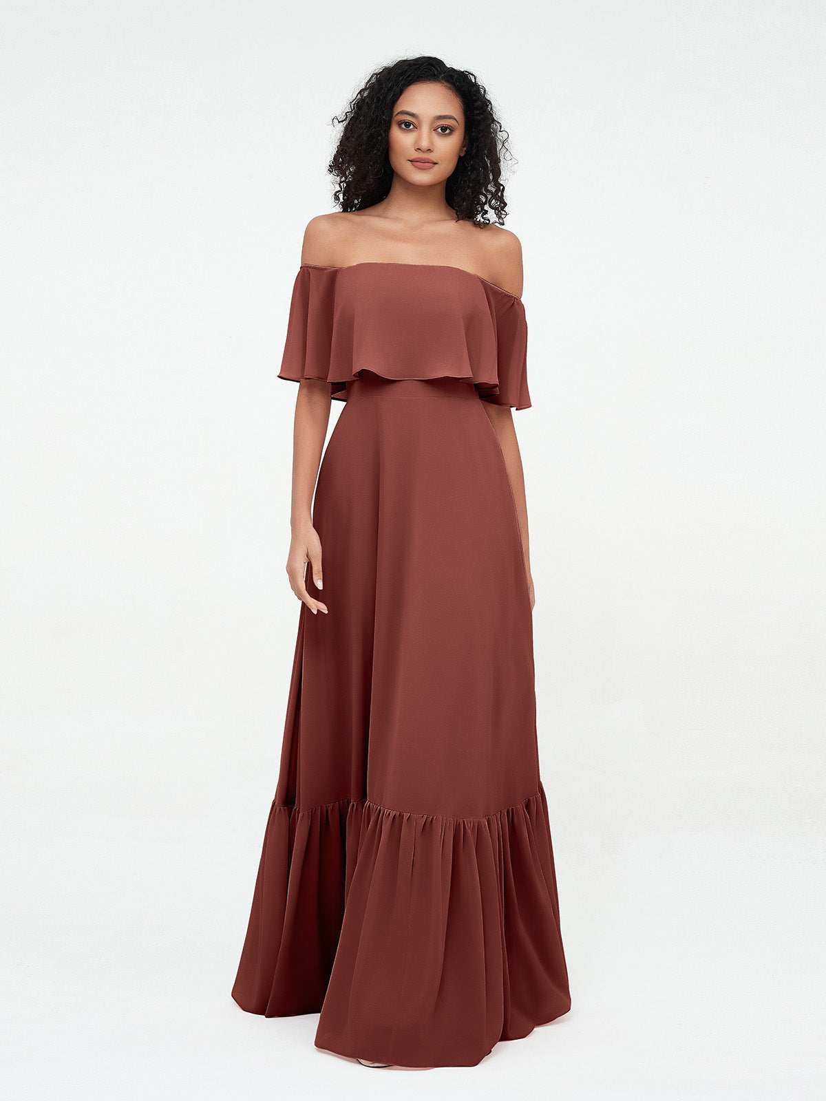 Vestidos máximos de chiffon con falda escalonada estilo off shoulder Terracota Tallas Grandes