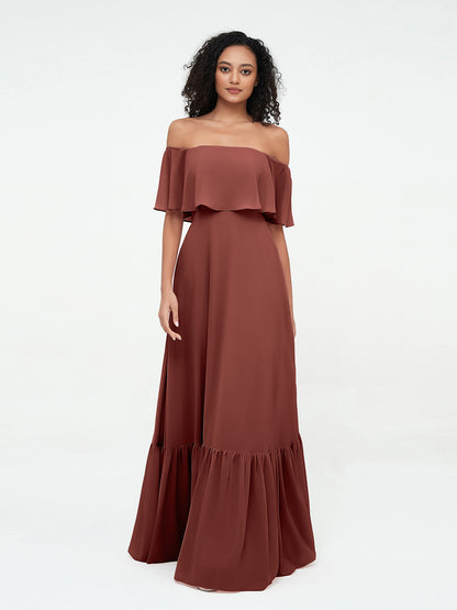 Vestidos máximos de chiffon con falda escalonada estilo off shoulder Terracota Tallas Grandes