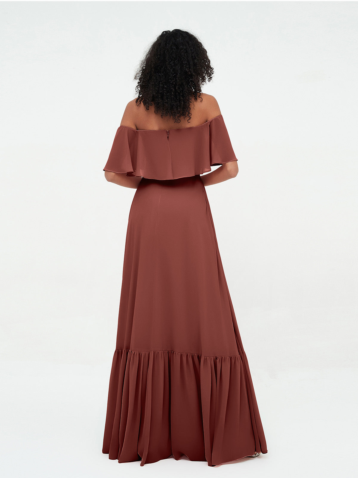 Vestidos máximos de chiffon con falda escalonada estilo off shoulder Terracota
