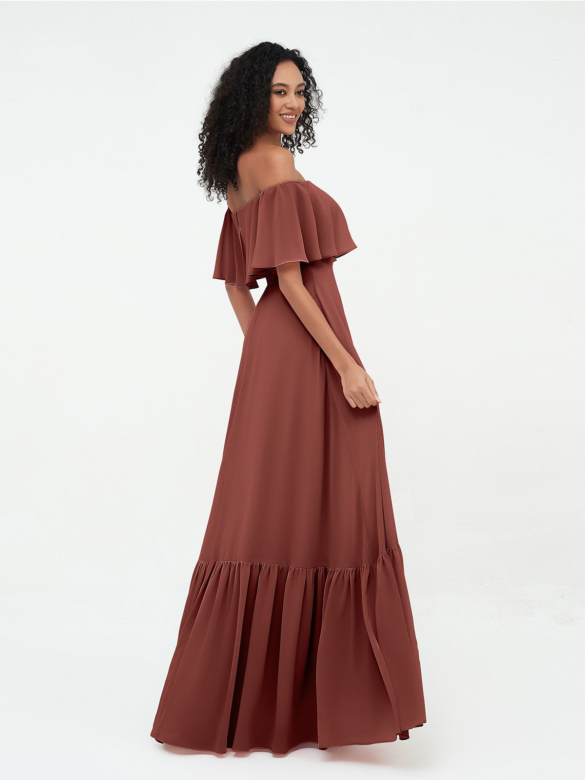 Vestidos máximos de chiffon con falda escalonada estilo off shoulder Terracota Tallas Grandes