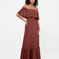Vestidos máximos de chiffon con falda escalonada estilo off shoulder Terracota Tallas Grandes