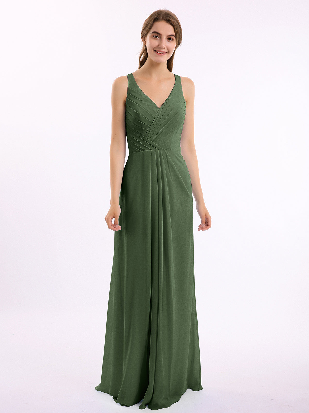 Vestido de dama de honor de chiffon con escote en V y espalda descubierta Verde Oliva