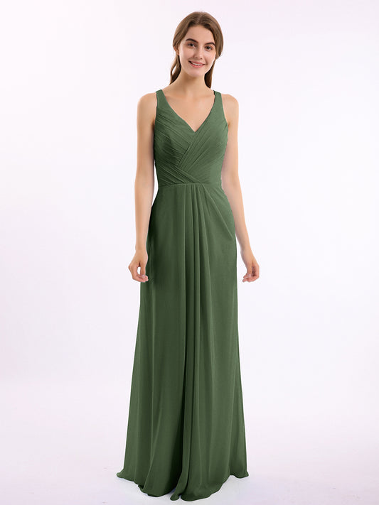 Vestido de dama de honor de chiffon con escote en V y espalda descubierta Verde Oliva