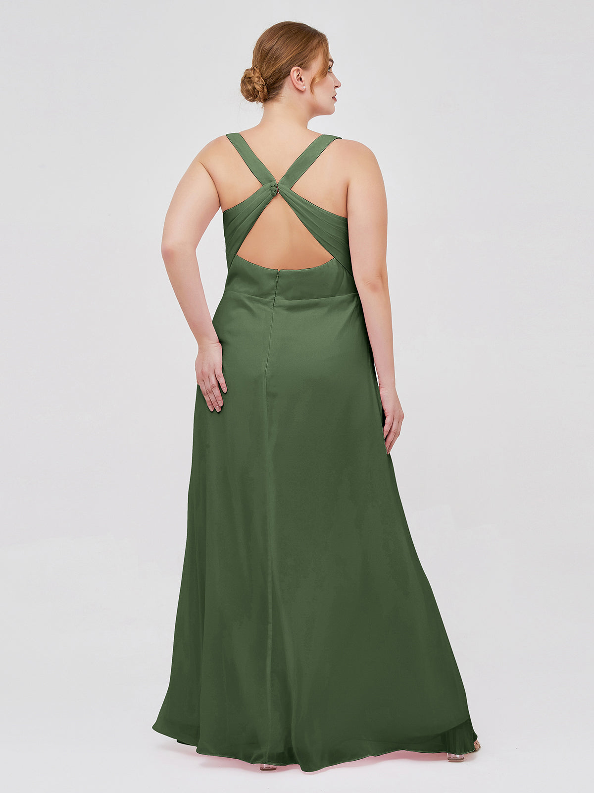 Vestido de dama de honor de chiffon con escote en V y espalda descubierta Verde Oliva Tallas Grandes