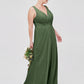 Vestido de dama de honor de chiffon con escote en V y espalda descubierta Verde Oliva