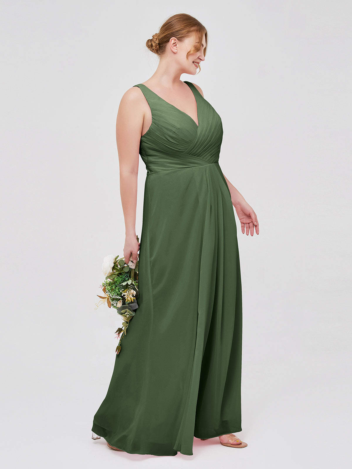 Vestido de dama de honor de chiffon con escote en V y espalda descubierta Verde Oliva