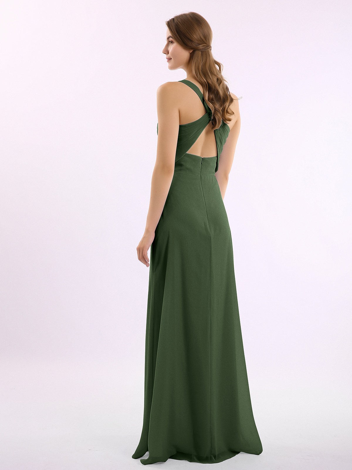 Vestido de dama de honor de chiffon con escote en V y espalda descubierta Verde Oliva