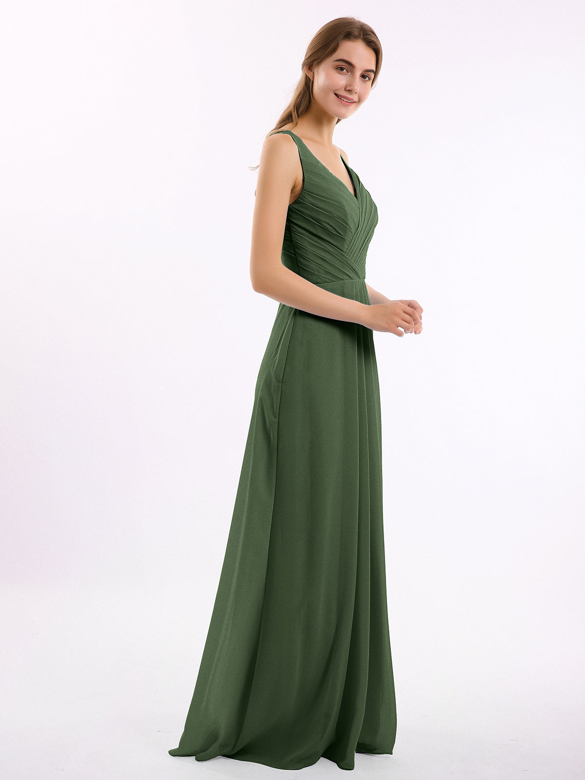 Vestido de dama de honor de chiffon con escote en V y espalda descubierta Verde Oliva