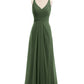 Vestido de dama de honor de chiffon con escote en V y espalda descubierta Verde Oliva