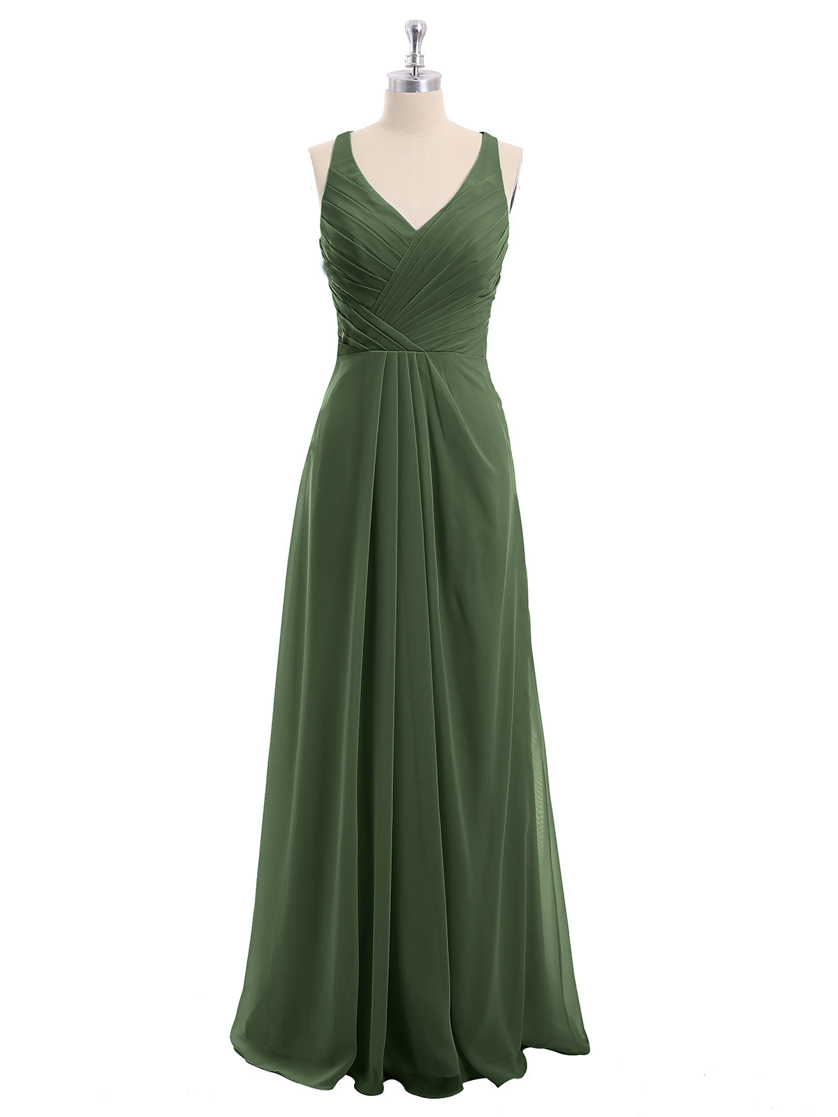 Vestido de dama de honor de chiffon con escote en V y espalda descubierta Verde Oliva