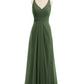 Vestido de dama de honor de chiffon con escote en V y espalda descubierta Verde Oliva Tallas Grandes
