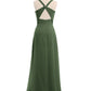 Vestido de dama de honor de chiffon con escote en V y espalda descubierta Verde Oliva